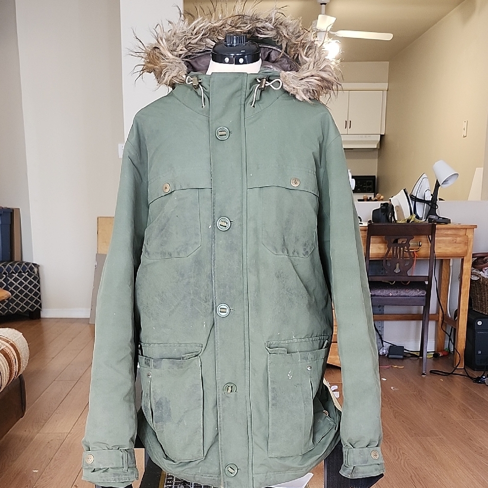 Men's Olive Green Performance Jacket with Faux Fur Hood